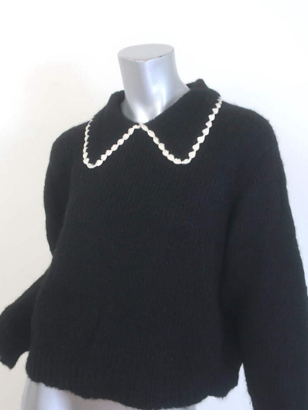 THE GREAT The Crochet Collar Pullover Sweater Black Alpaca-Blend Size 0 - Picture 3 of 8